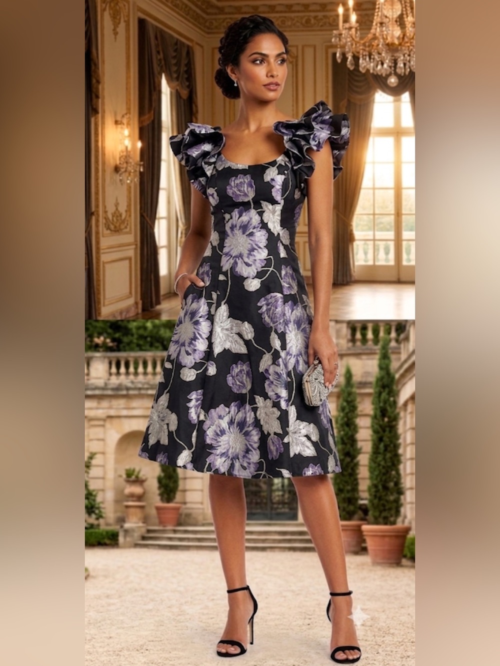 Aidan Mattox ruffle cap sleeve cocktail print dress